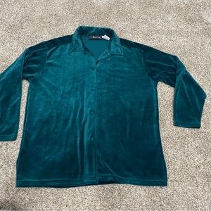 Ladies Petite Medium Sag Harbor Green Velour Button Down Front Shirt Long Sleeve
